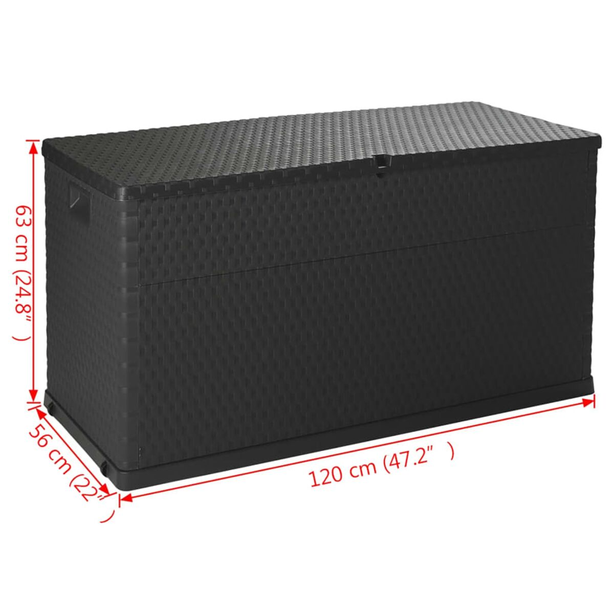 Schwarze Aufbewahrungsbox mit Deckel. Maße 120x56x63cm. Korbgeflecht-Design.