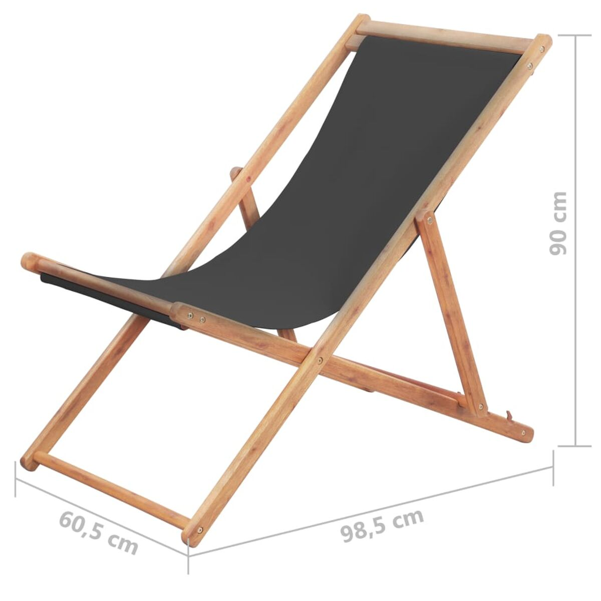 Holz-Strandstuhl, schwarzer Stoff. Abmessungen angegeben. Abgewinkelte Rückenlehne. Leer.
