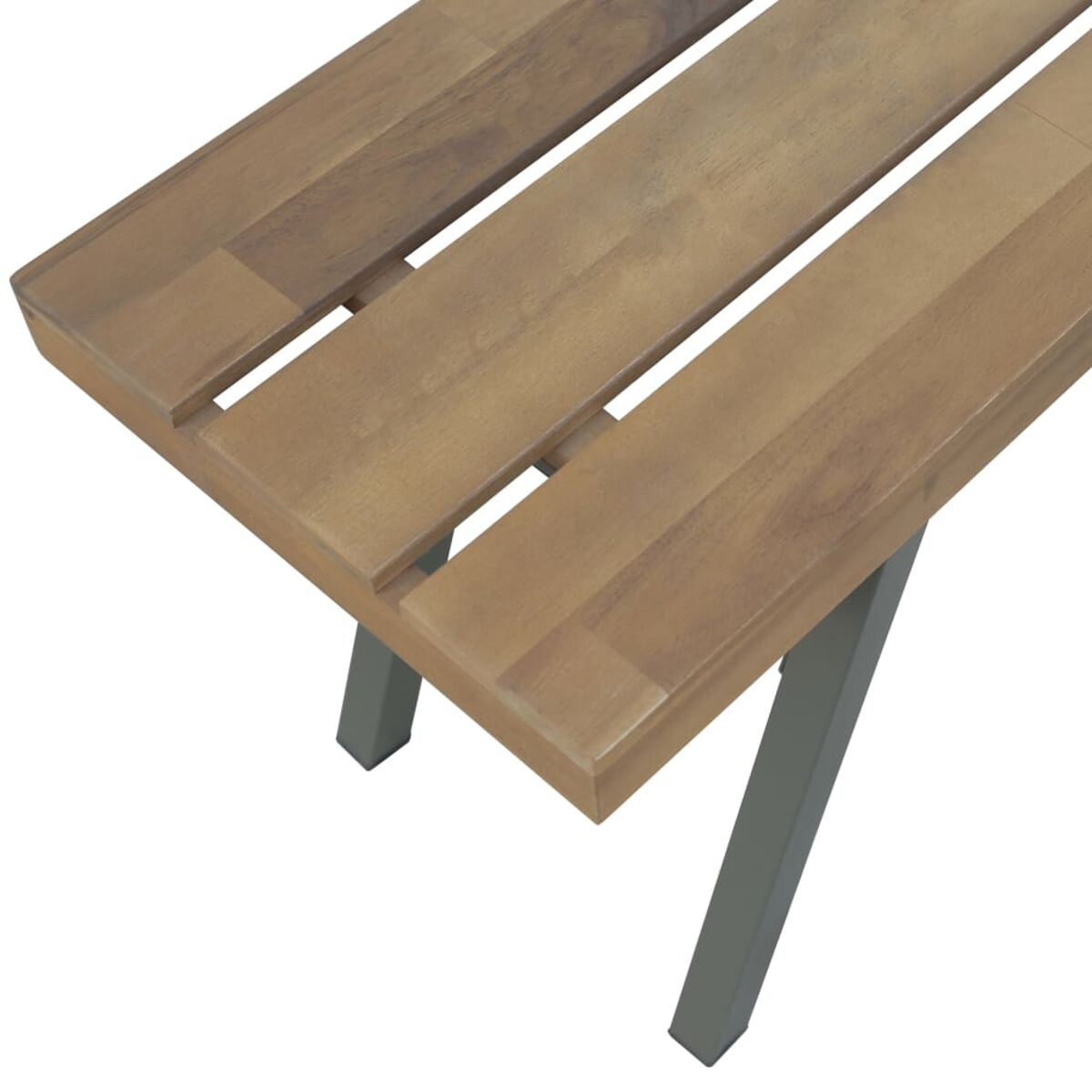 Eine Holzbank mit drei Holzlatten. Die Beine sind aus Metall, abgewinkelt und grau.