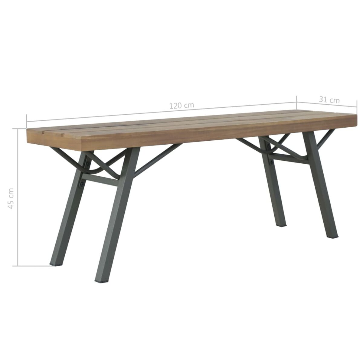 Eine Holzbank mit grauen Metallbeinen. Die Abmessungen betragen 120 cm lang, 45 cm hoch und 31 cm tief.