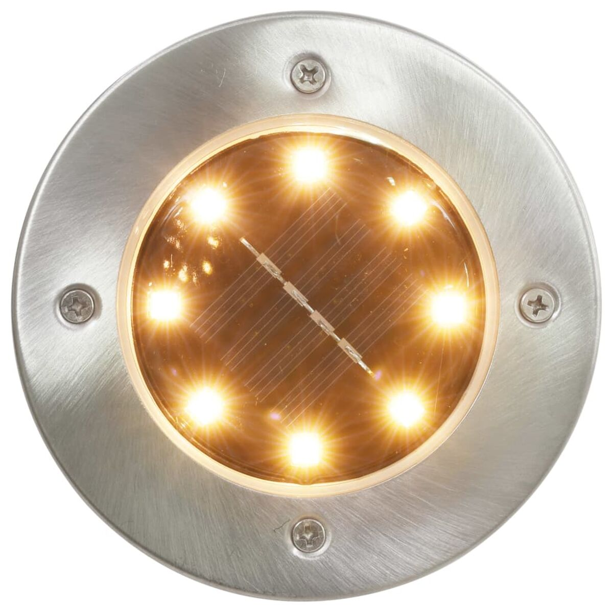 Rundes, silbernes Licht mit sechs kleinen Lichtern. Es hat ein Solarpanel in der Mitte.