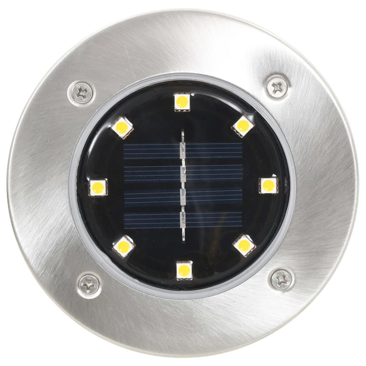 Solar-Gartenleuchte mit Edelstahl-Finish. Enthält Solarpanel und mehrere gelbe LED-Leuchten.