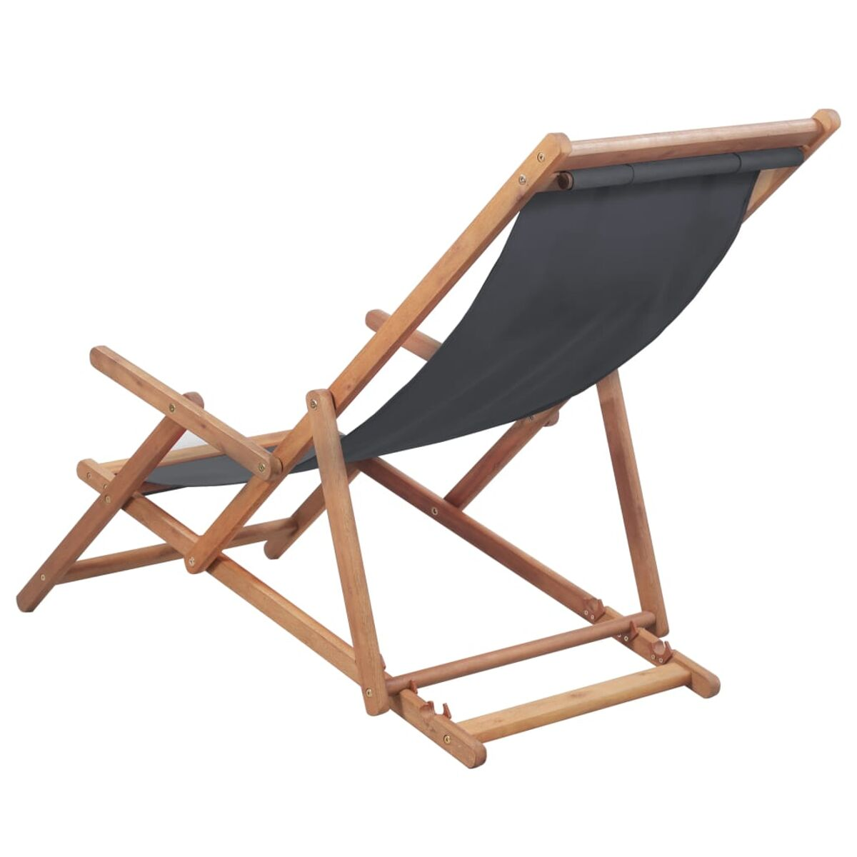Holz-Deckstuhl mit dunkelgrauem Stoff. Rückseite des Stuhls sichtbar, vom Betrachter abgewandt.