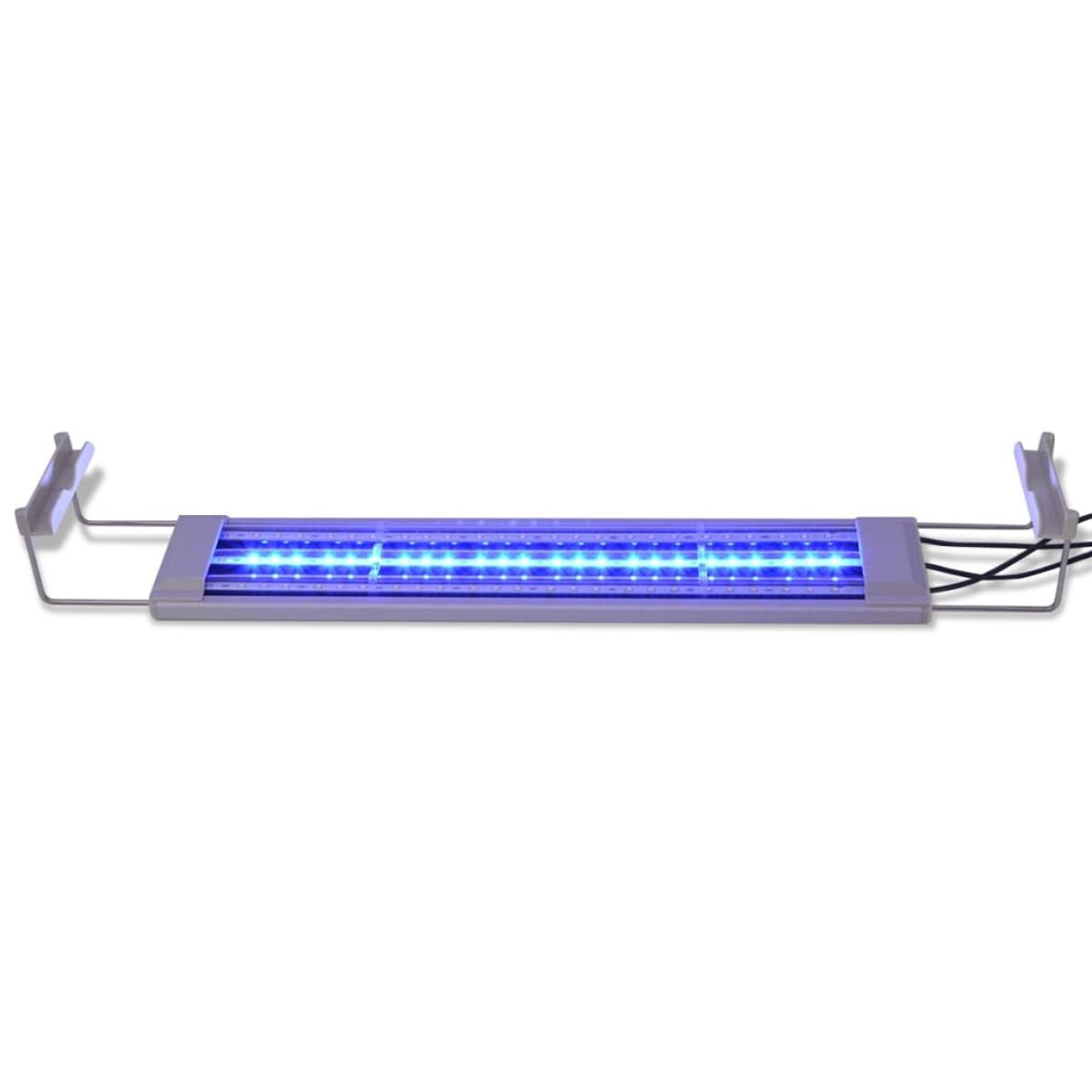 Ein langer, blauer LED-Lichtbalken mit silbernen Halterungen, isoliert vor weißem Hintergrund.