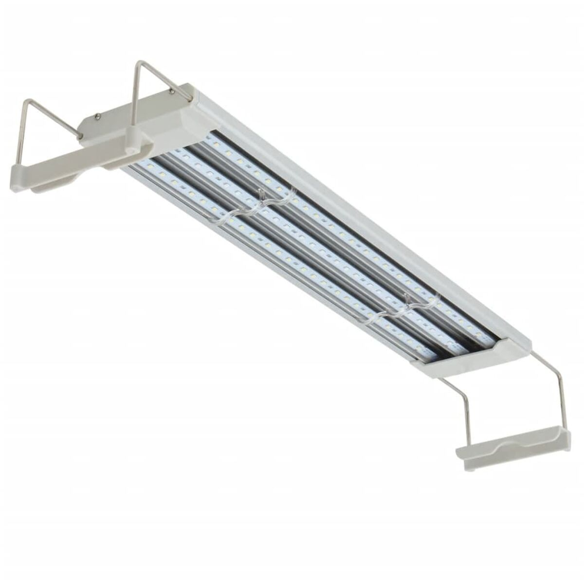 Eine rechteckige LED-Leuchte mit drei Reihen von Lichtern und Montagehalterungen.