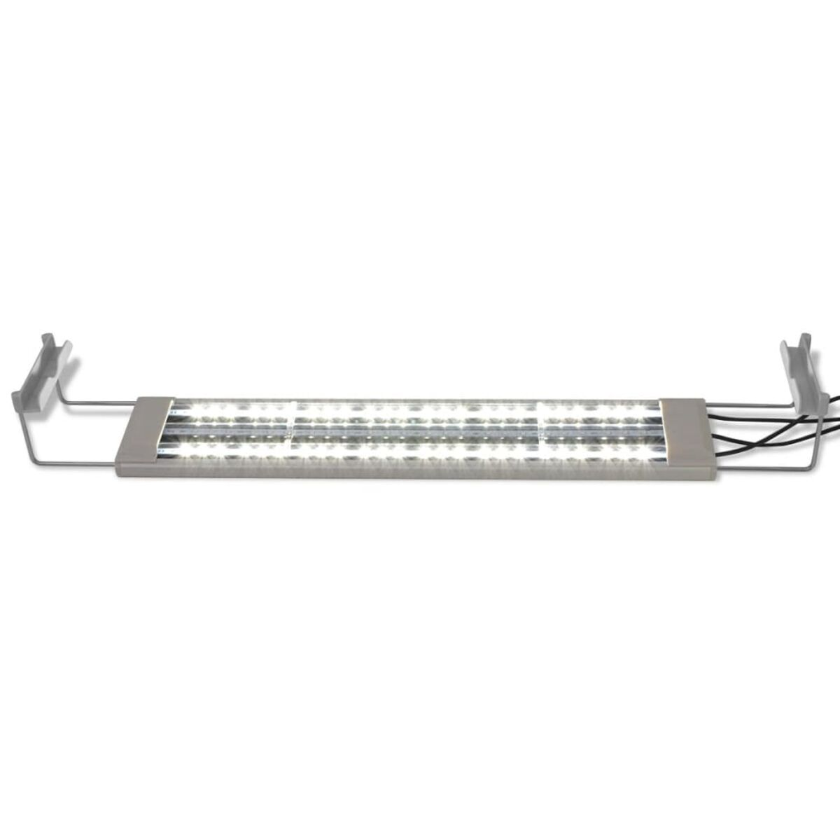 LED-Aquarienbeleuchtung, grau und silber, mit Halterungen montiert, weißer Hintergrund.