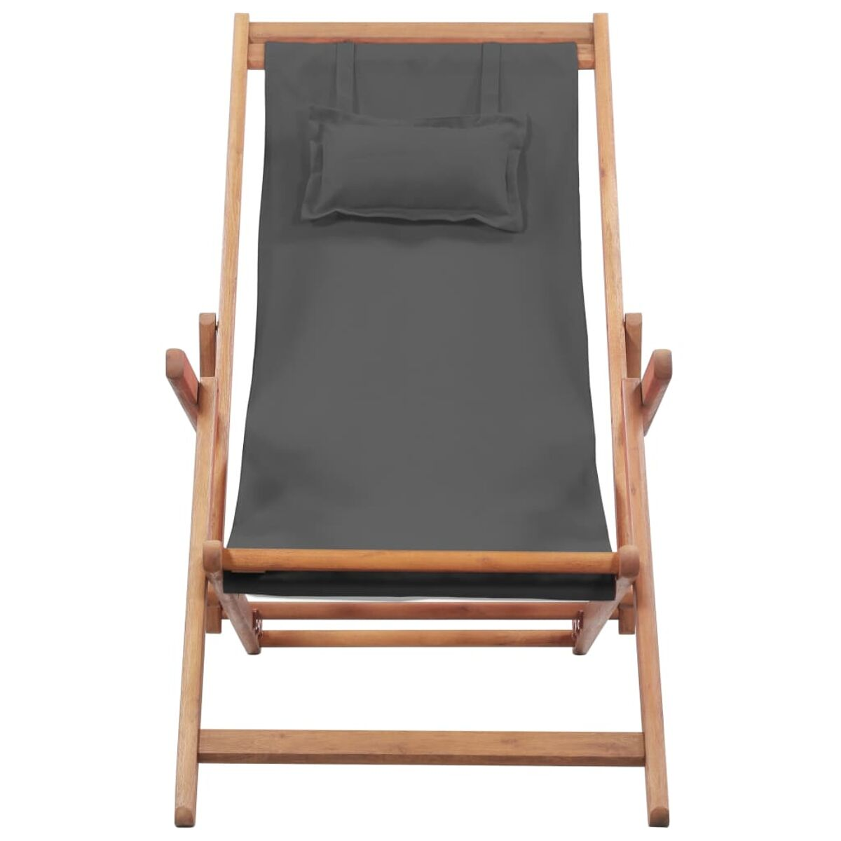 Grauer Outdoor-Klappsessel mit Kissen. Holzrahmen, weißer Hintergrund.