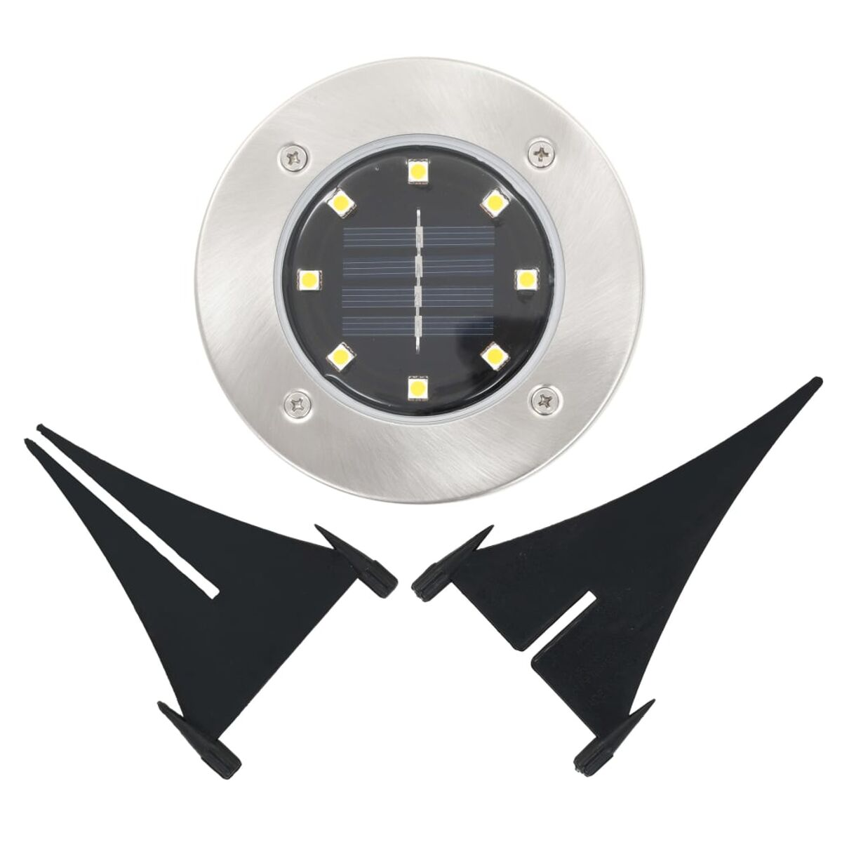Kreisförmige Solar-Gartenleuchte mit schwarzen Pfählen. Silberne Halterung mit gelben Lichtern.