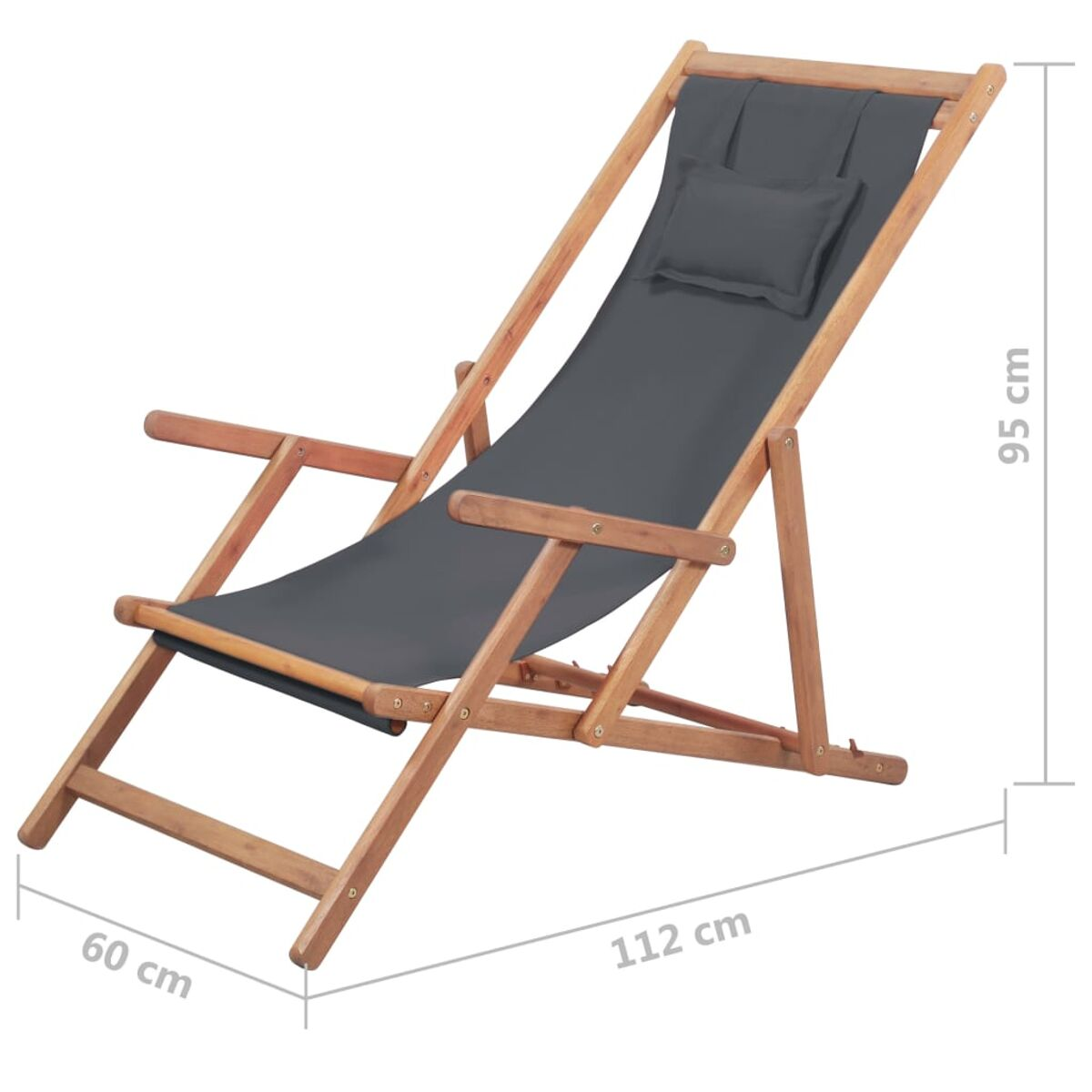 Holz-Deckstuhl mit dunkelgrauem Sitz und kleinem Kissen. Maße sind angegeben.