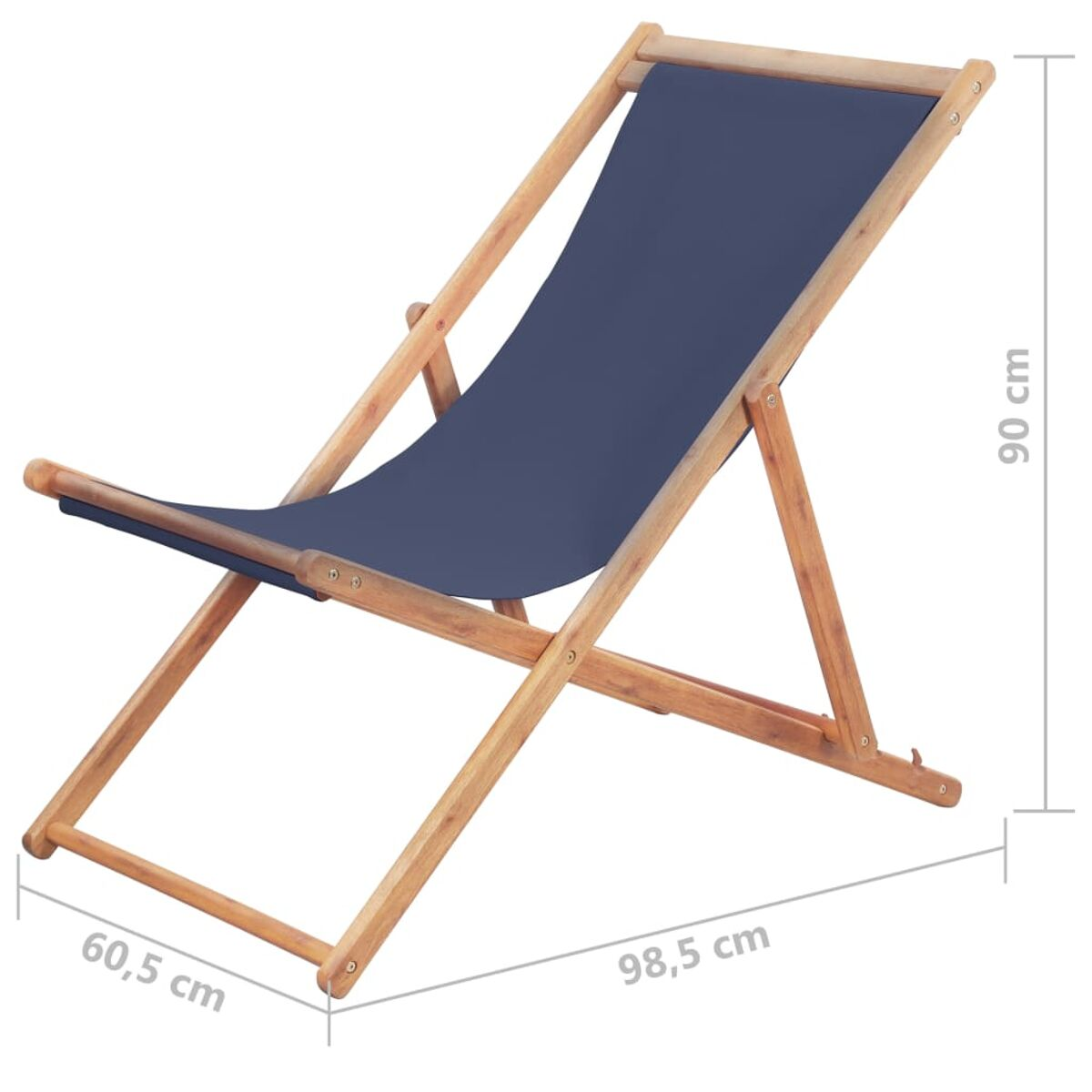 Holz-Strandstuhl mit blauem Stoffsitz. Abmessungen: 98,5 x 60,5 x 90 cm.