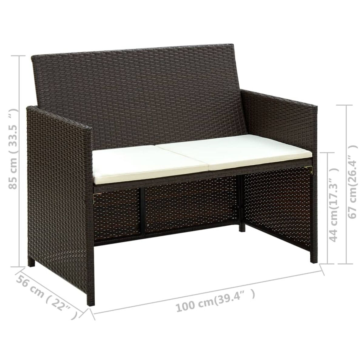 Dunkelbraunes Korbmöbelsofa mit zwei weißen Kissen und angegebenen Abmessungen.