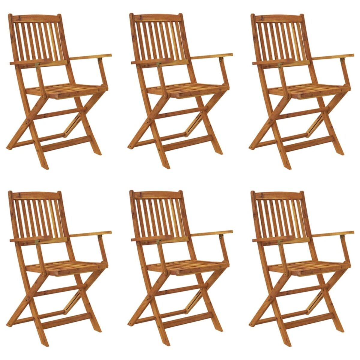 Sechs Holzklappstühle, Seitenansicht, auf weißem Hintergrund angeordnet.