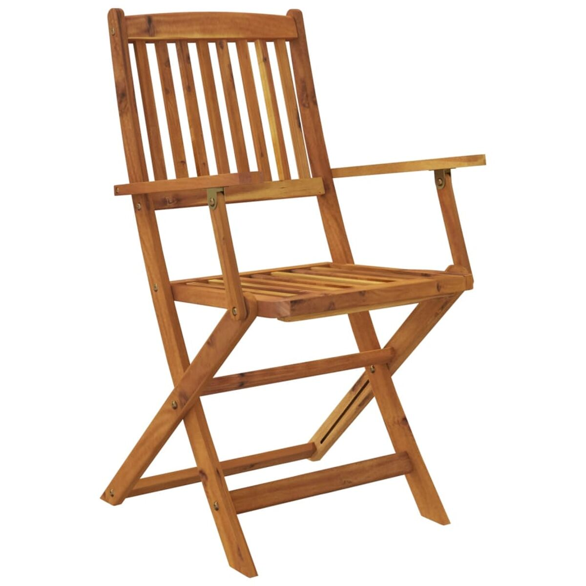 Klappstuhl aus Holz mit Armlehnen. Er ist braun.