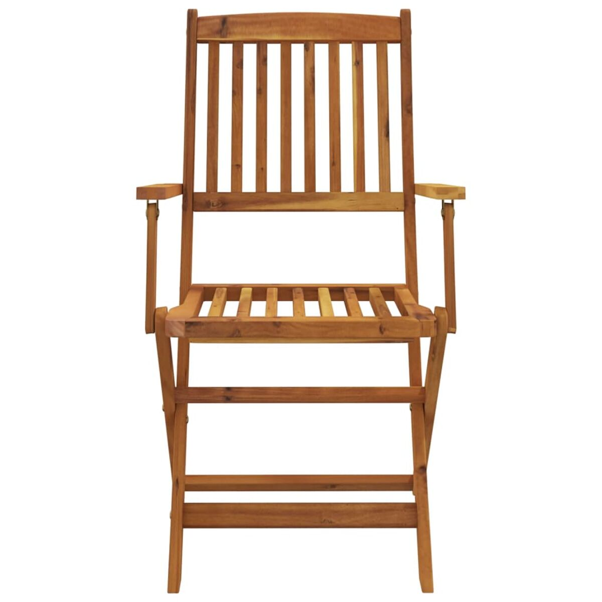 Ein hölzerner Klappstuhl mit Lamellen auf Rücken und Sitz.