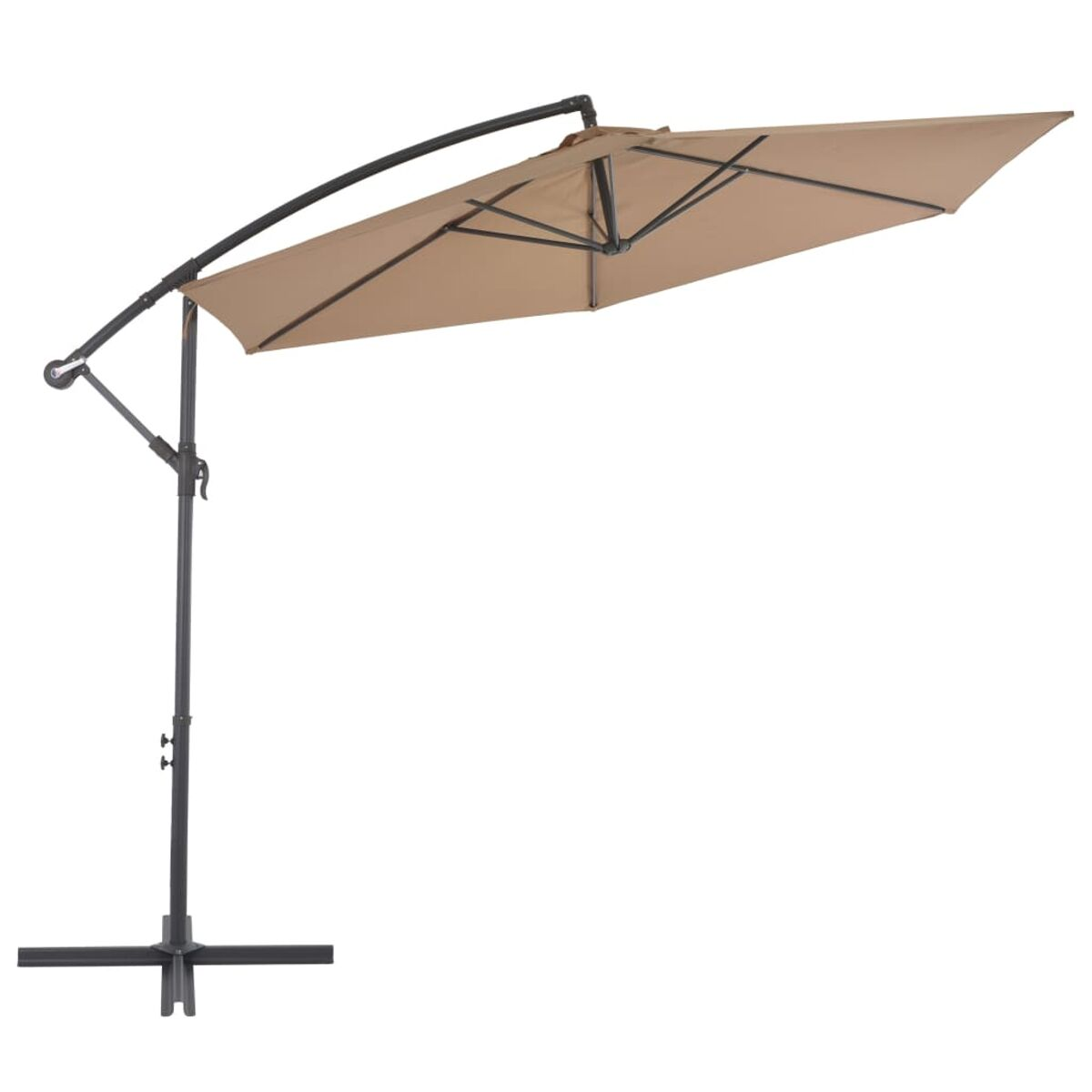 Beigefarbener Ausleger-Sonnenschirm, schwarze Stange und Sockel auf weißem Hintergrund.