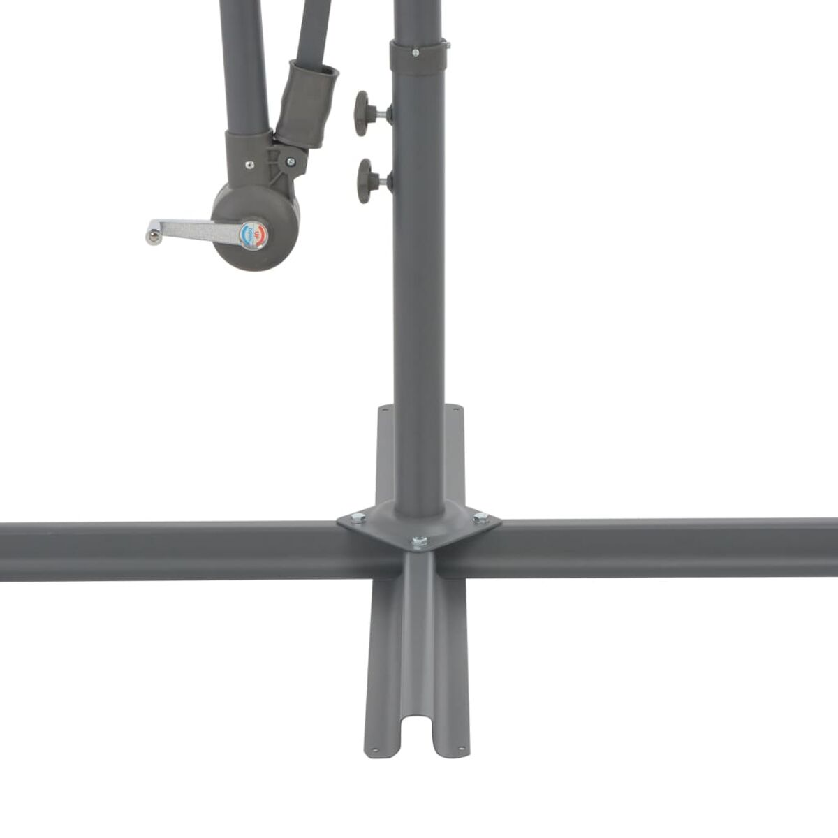 Graue Metall-Schirmbasis mit Kurbel und anderen Komponenten.
