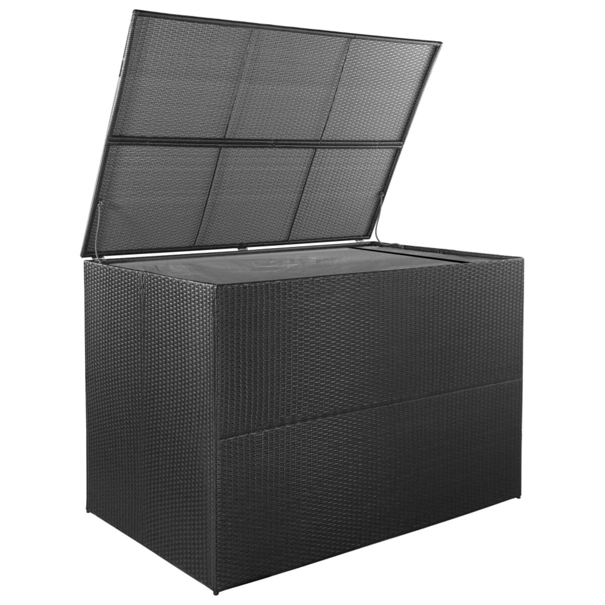 Eine schwarze Aufbewahrungsbox aus Korbgeflecht. Der Deckel ist geöffnet und gibt den Innenraum frei.