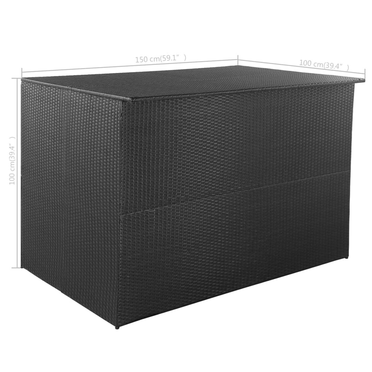 Eine schwarze Aufbewahrungsbox aus Korbgeflecht, rechteckig mit Deckel. Von der Seite und leicht angewinkelt.