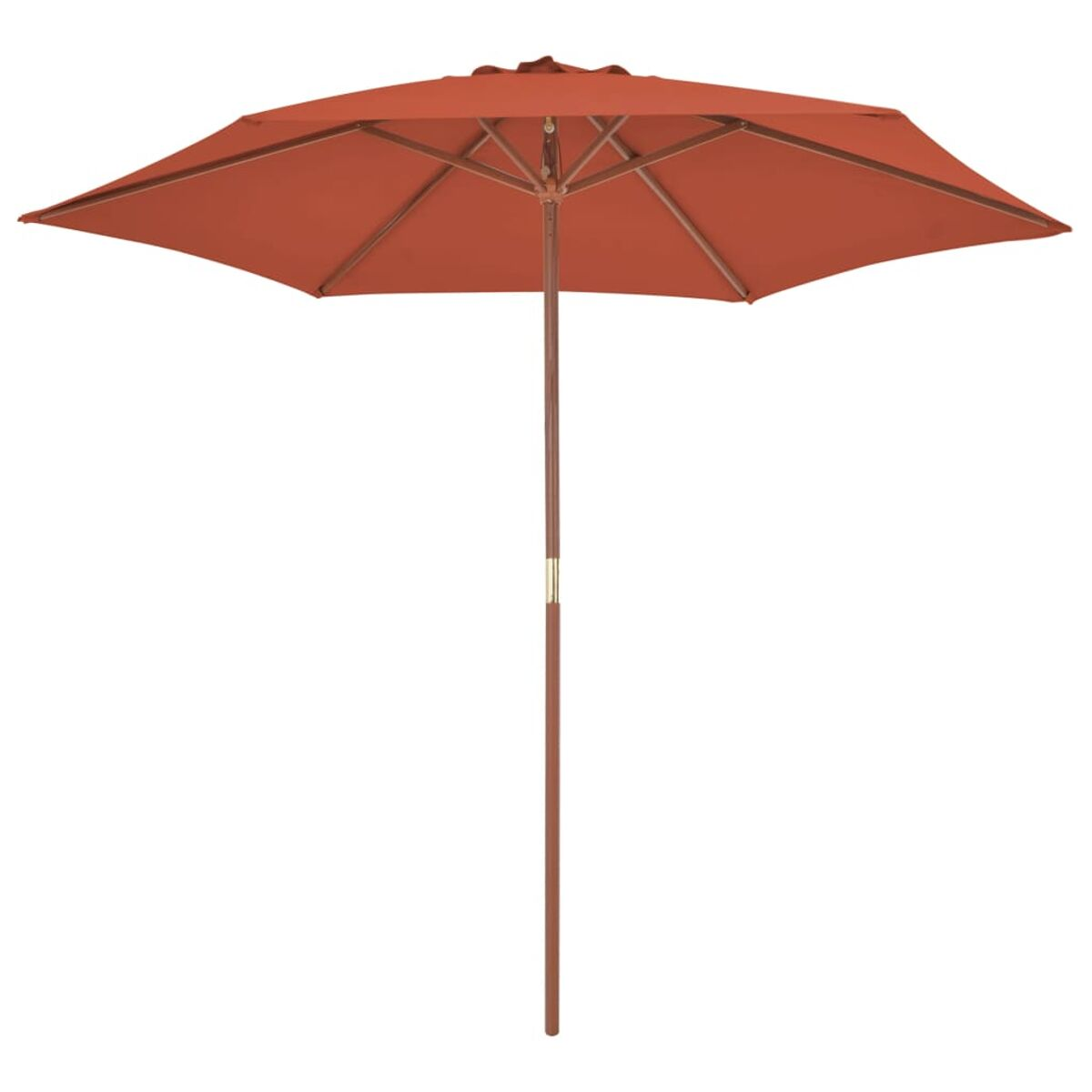 Orangener Schirm mit Holzstange. Der Schirm ist geöffnet und hat eine kreisförmige Form. Der Hintergrund ist weiß.