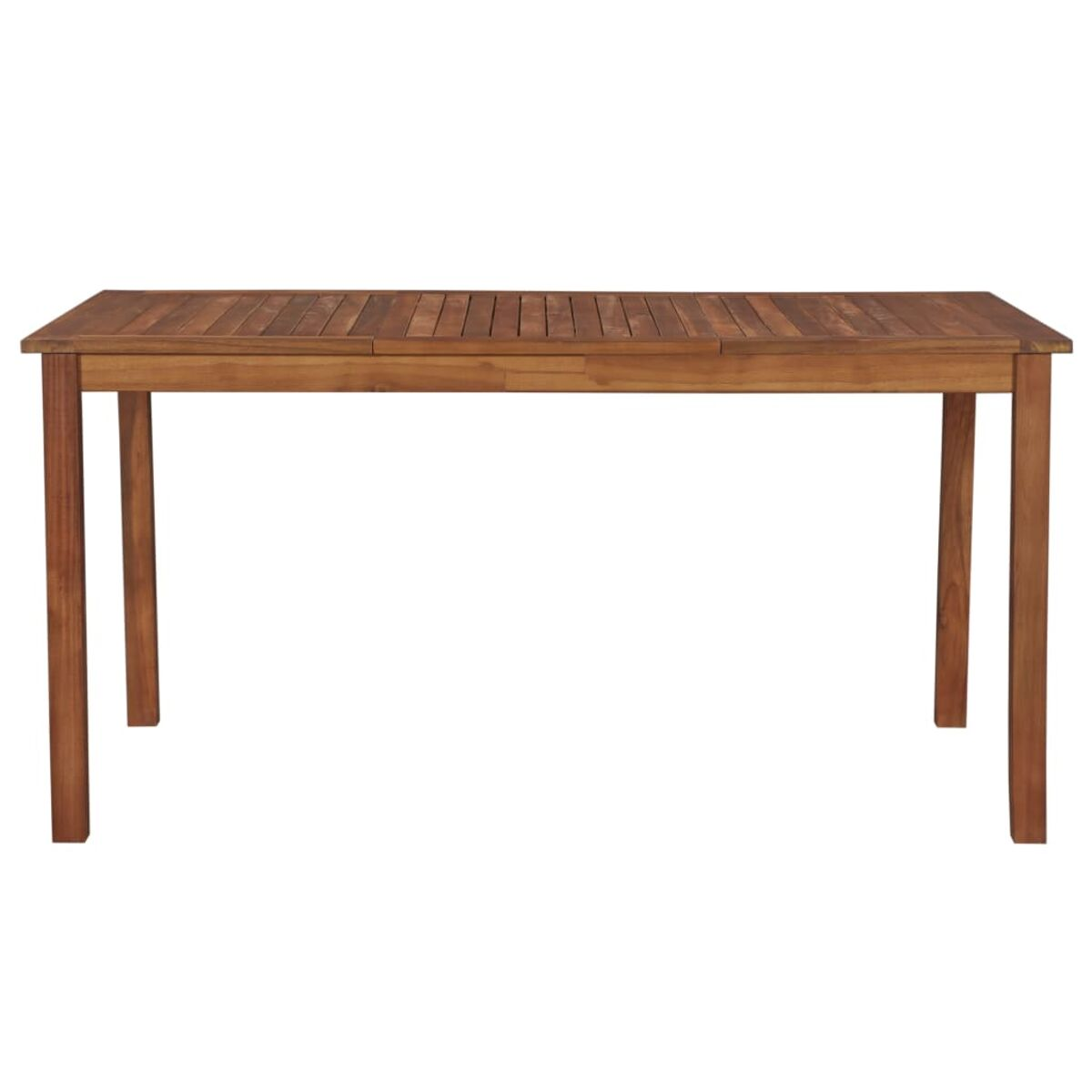 Ein Holztisch für den Außenbereich mit Lamellenplatte, von oben gesehen.