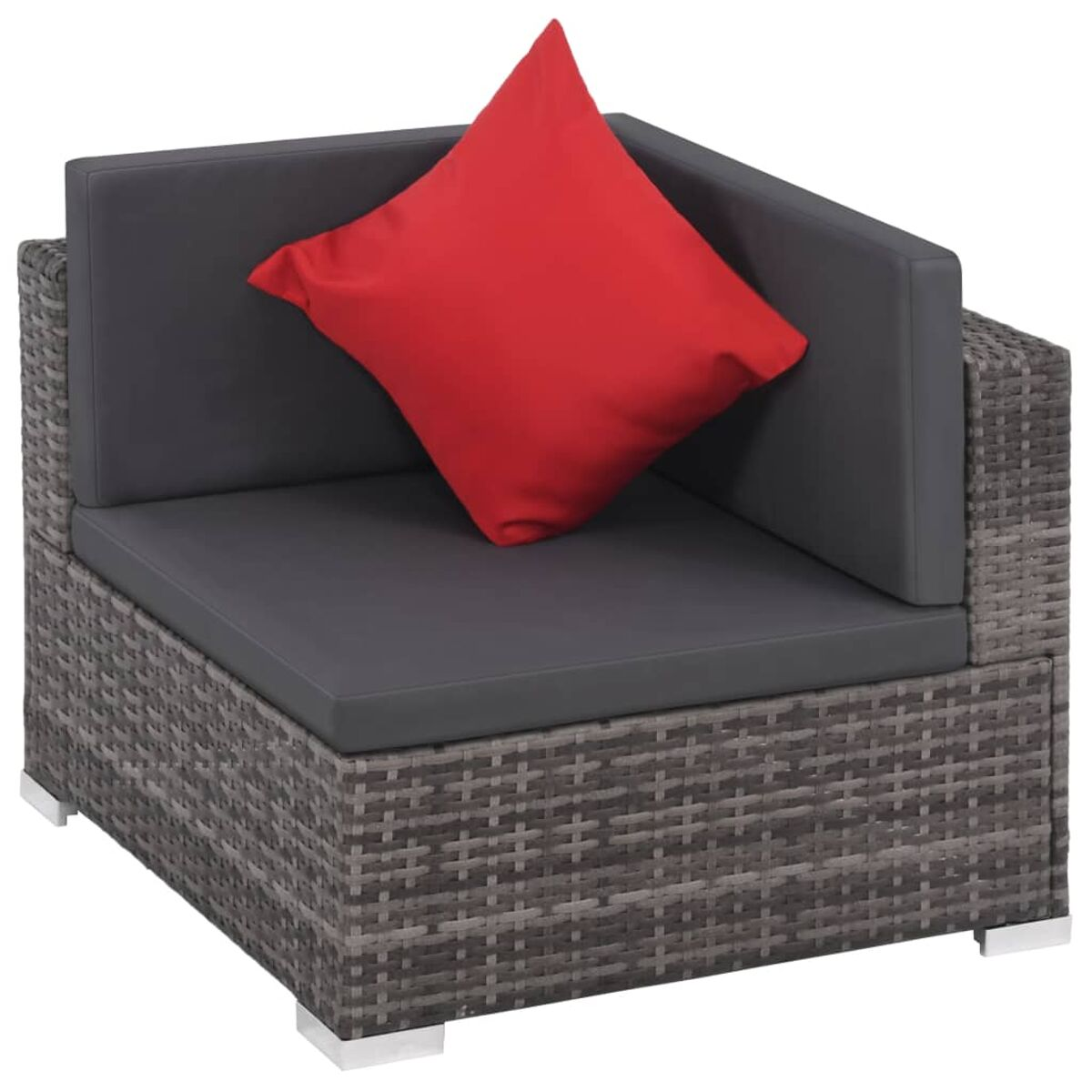 Ecksofa. Graues Geflecht, rotes Kissen. Weiße Füße.
