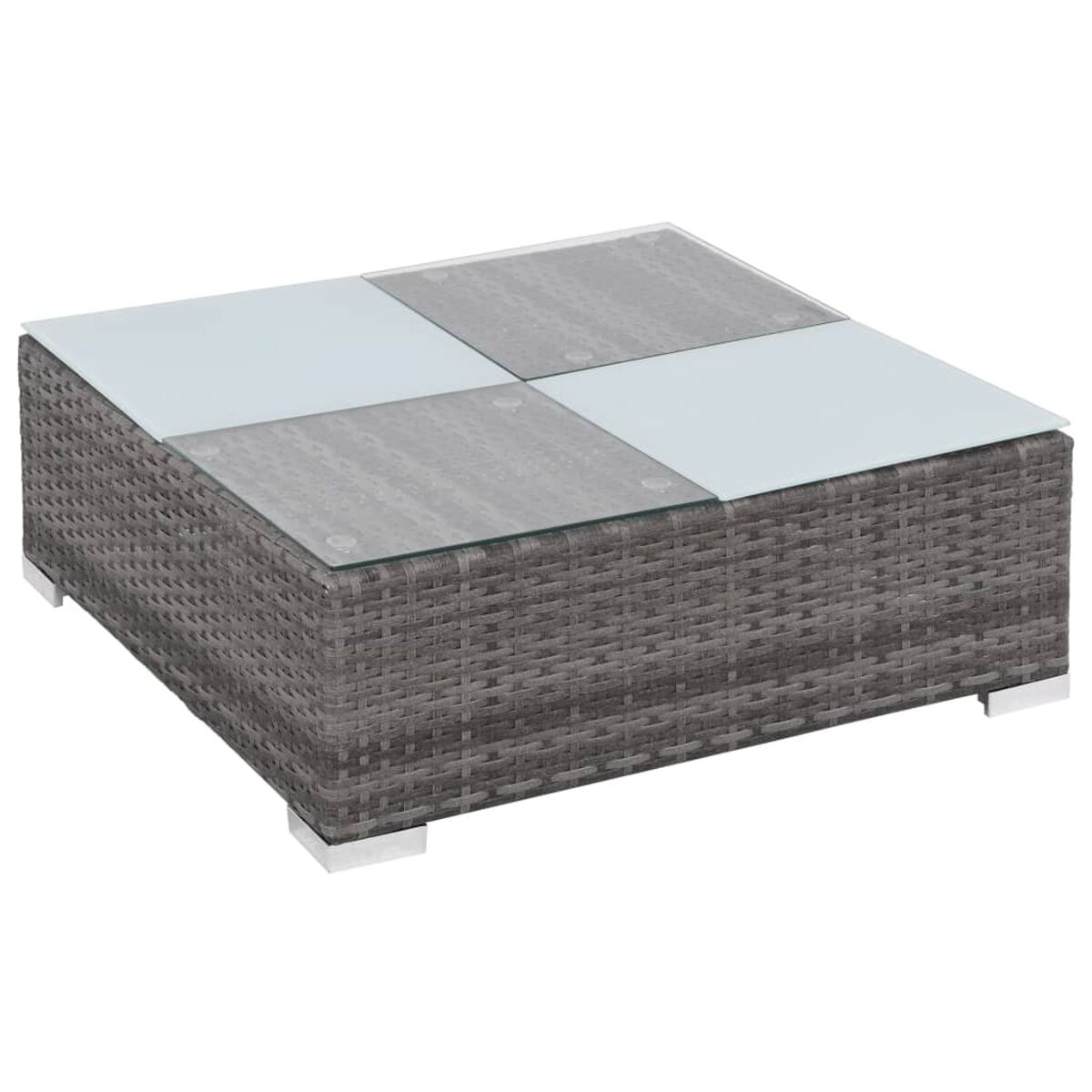 Quadratischer Korbtisch mit vier Glasplatten, vor weißem Hintergrund.