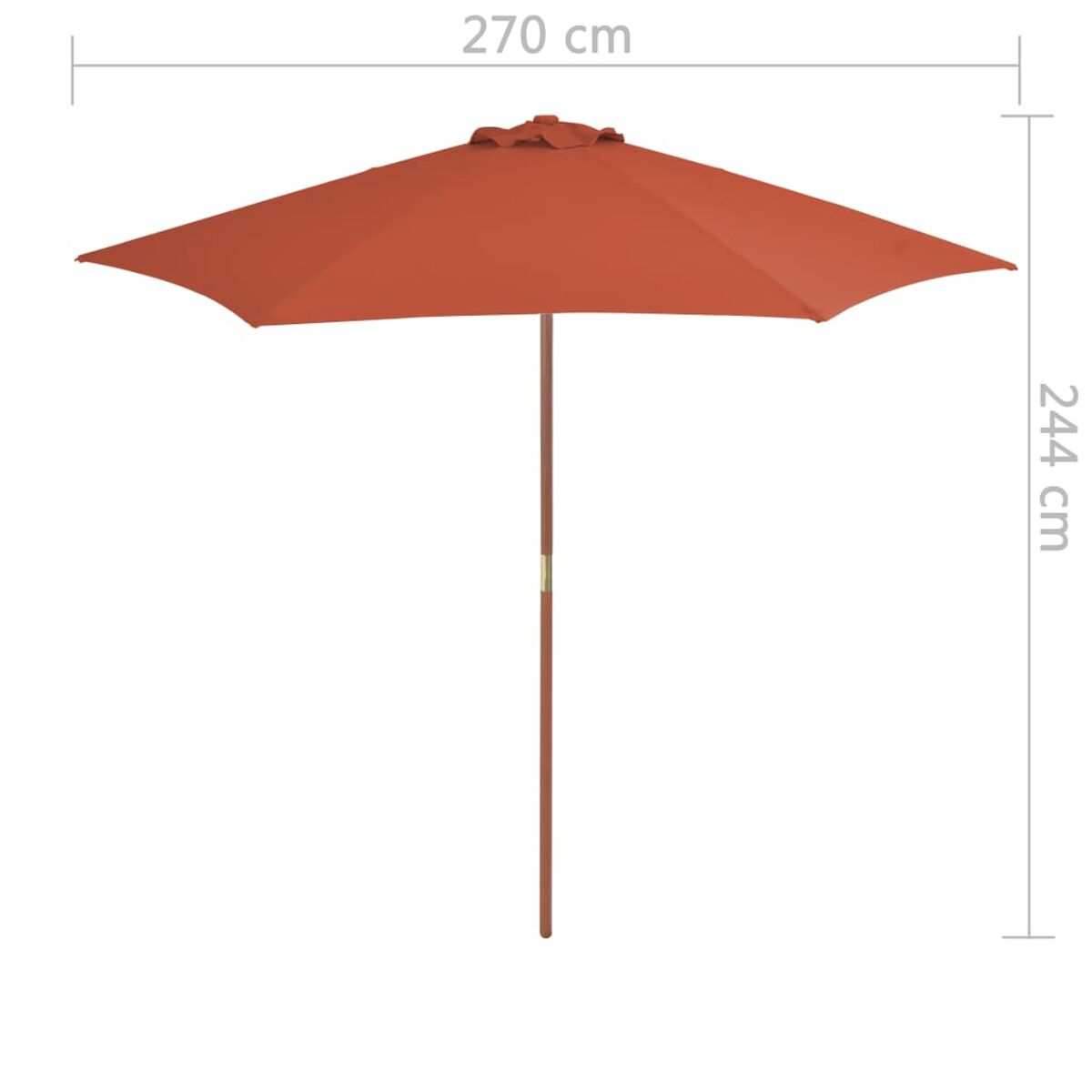 Ein offener orangefarbener Sonnenschirm mit Abmessungen in cm.
