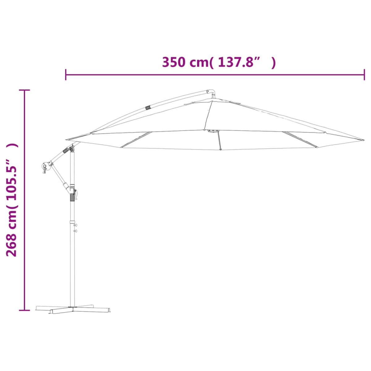 Großer Sonnenschirm mit Maßen: 268 cm hoch, 350 cm breit. Er ist weiß und beige.