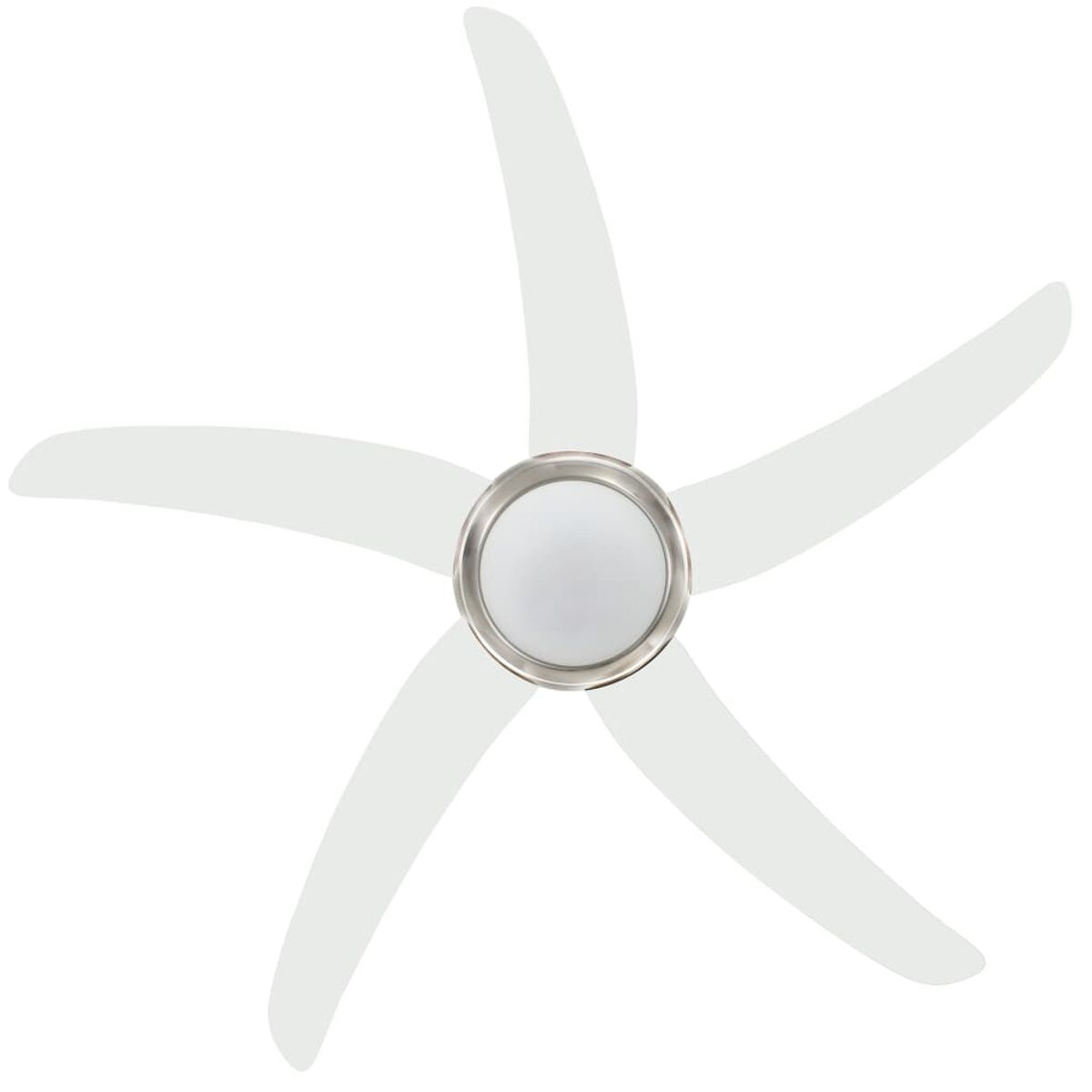 Ventilatore da soffitto bianco con cinque pale e luce centrale.