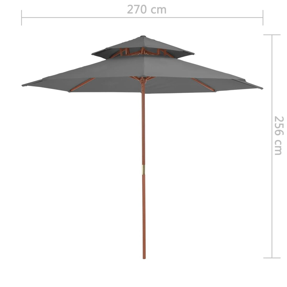 Ein großer, grauer, zweistöckiger Sonnenschirm. Er hat die Maße: 270 cm x 256 cm.