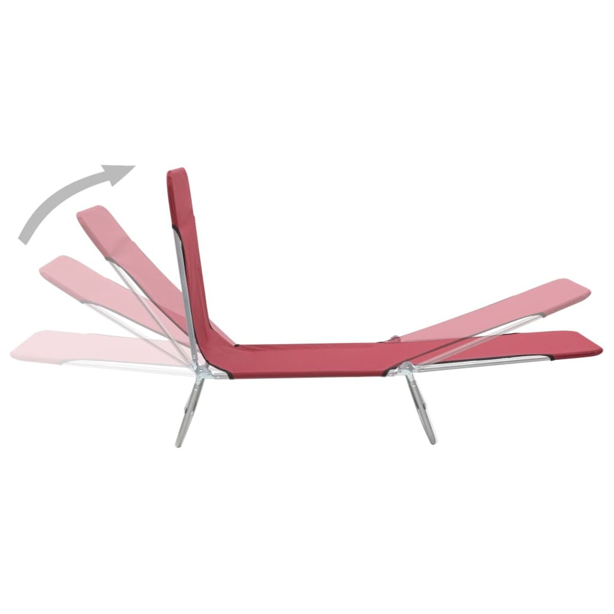 Roter Klapp-Strandstuhl in drei Positionen, zeigt Einstellschritte.