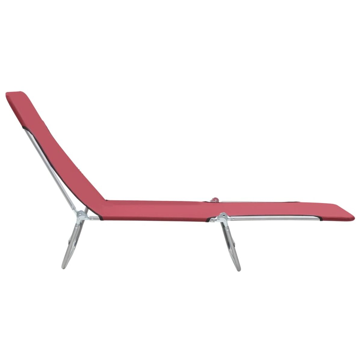 Rote Chaiselongue mit silbernem Rahmen, Seitenansicht, zurückgelehnte Position.