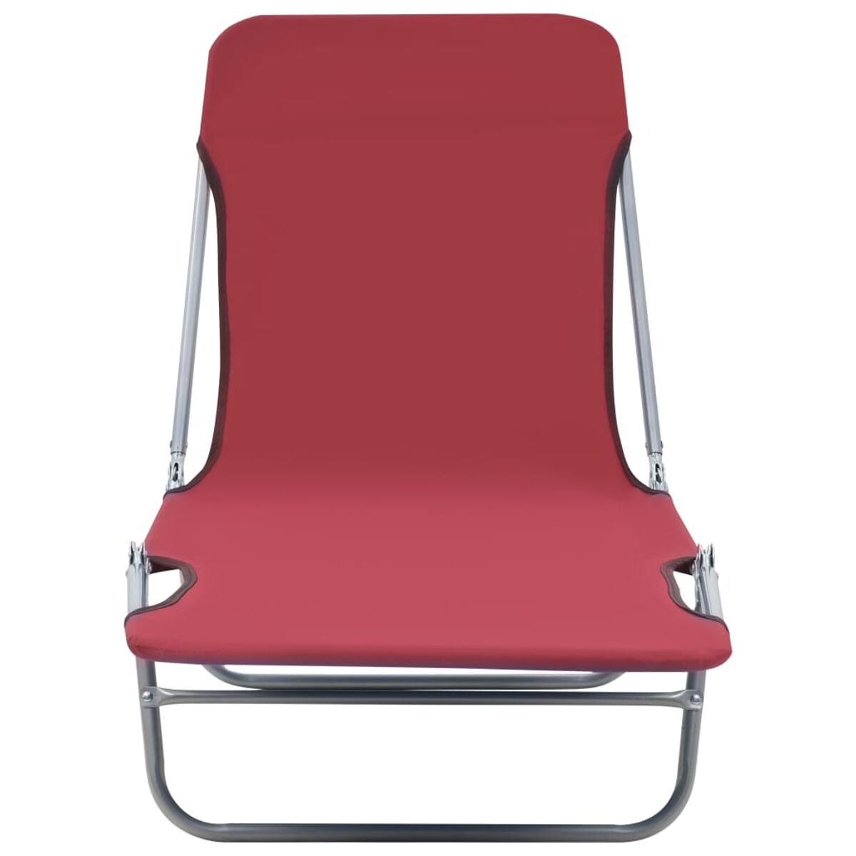 Roter Klapp-Strandstuhl mit silbernem Rahmen. Der Stuhl ist geöffnet und einsatzbereit.