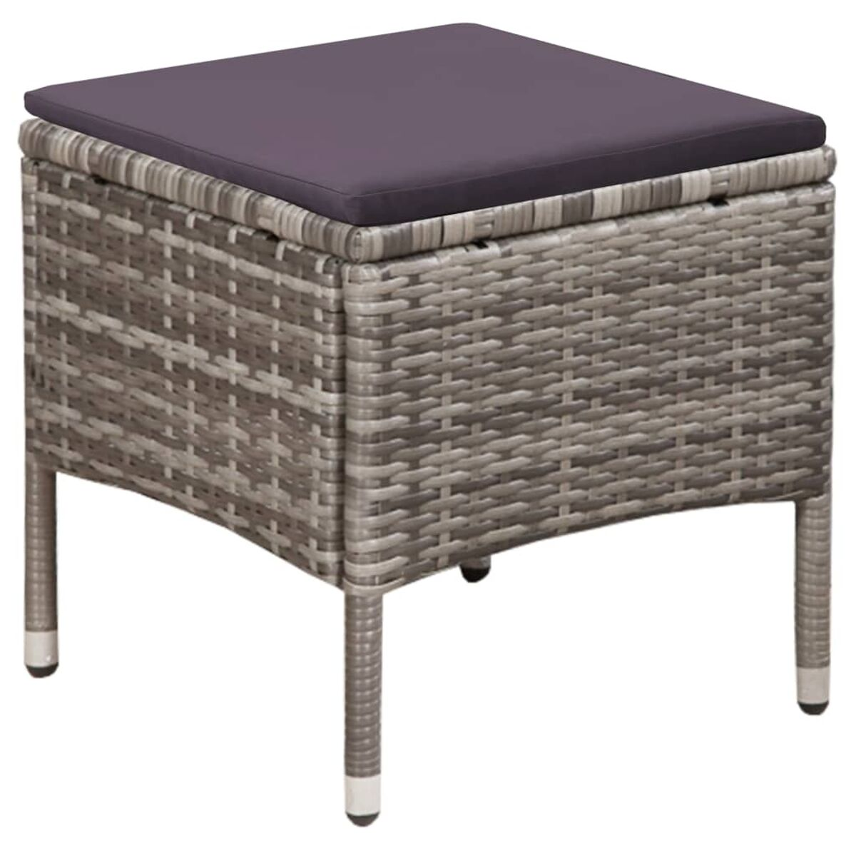 Quadratischer Hocker mit grauem, gewebtem Äußeren und lila Polsterung.
