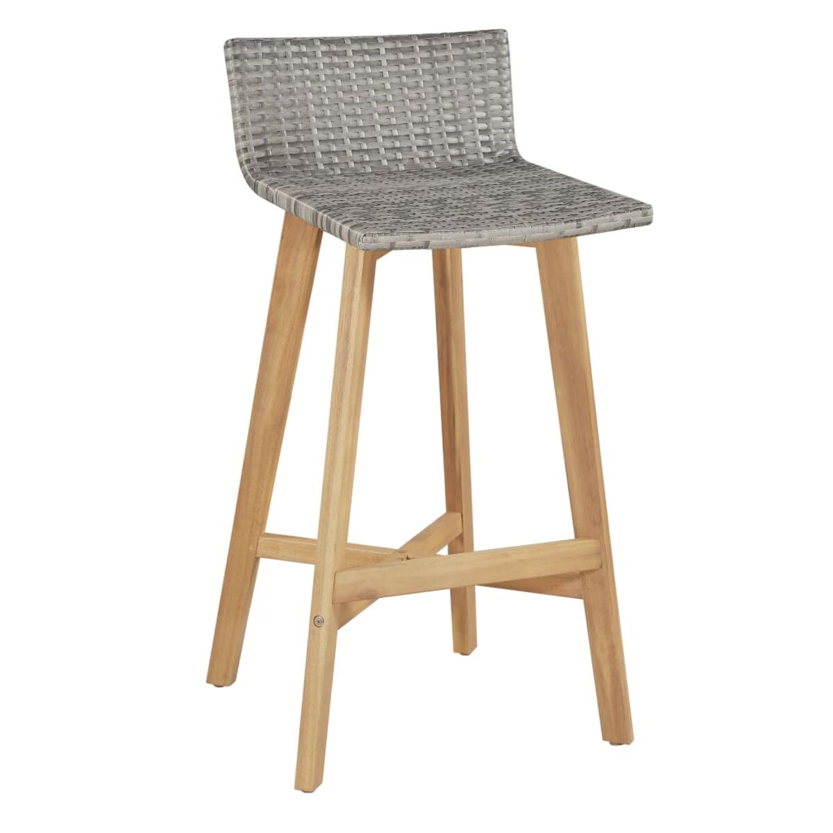 Grauer Rattan-Barhocker. Holzbeine. Weißer Hintergrund.