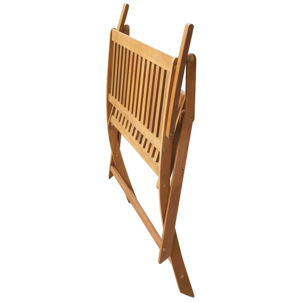 Klappstuhl aus Holz, Seitenansicht, die Lamellen und den Klappmechanismus zeigend.