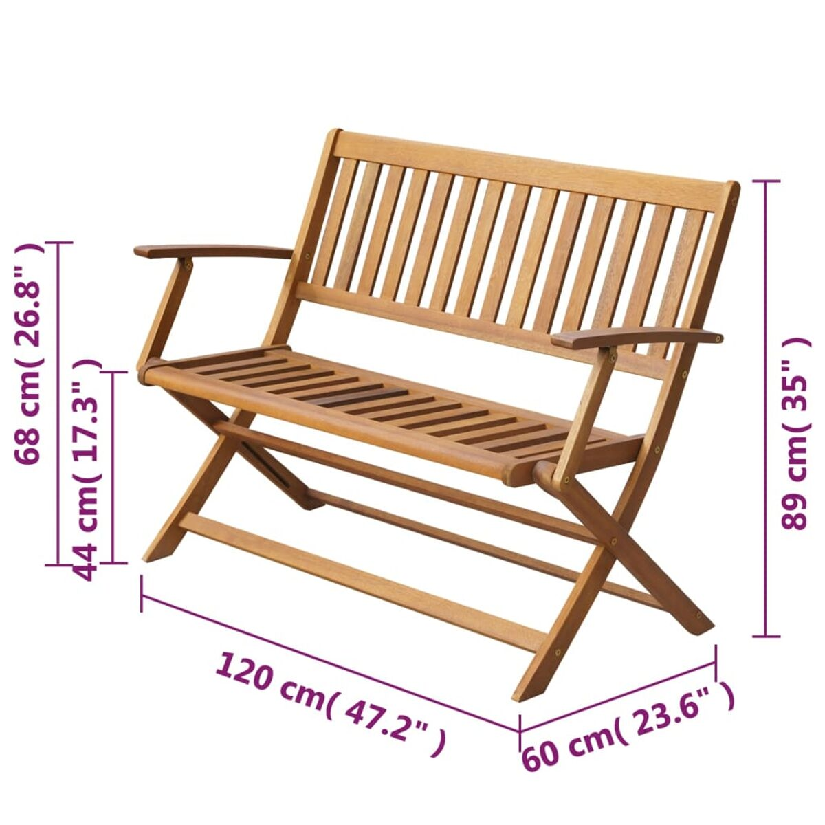 Gartenbank aus Holz mit Abmessungen.