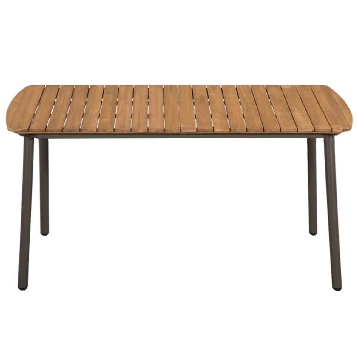 Ein Holztisch mit Metallbeinen. Er ist rechteckig mit abgerundeten Ecken. Der Tisch steht auf weißem Hintergrund.