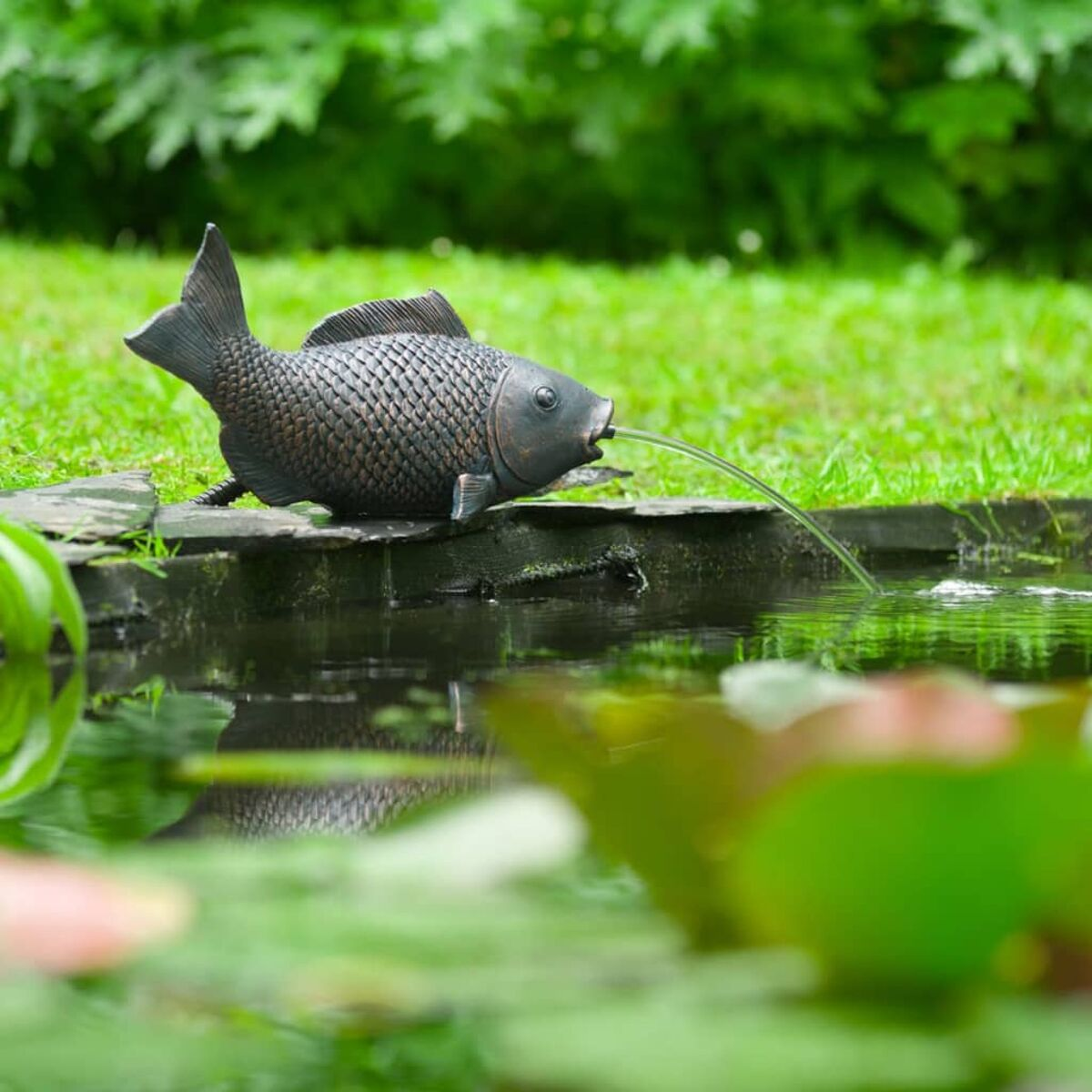 Bronze Fischbrunnen in einem Teich. Wasser spritzt aus dem Maul. Grünes Gras und Lilien umgeben ihn.