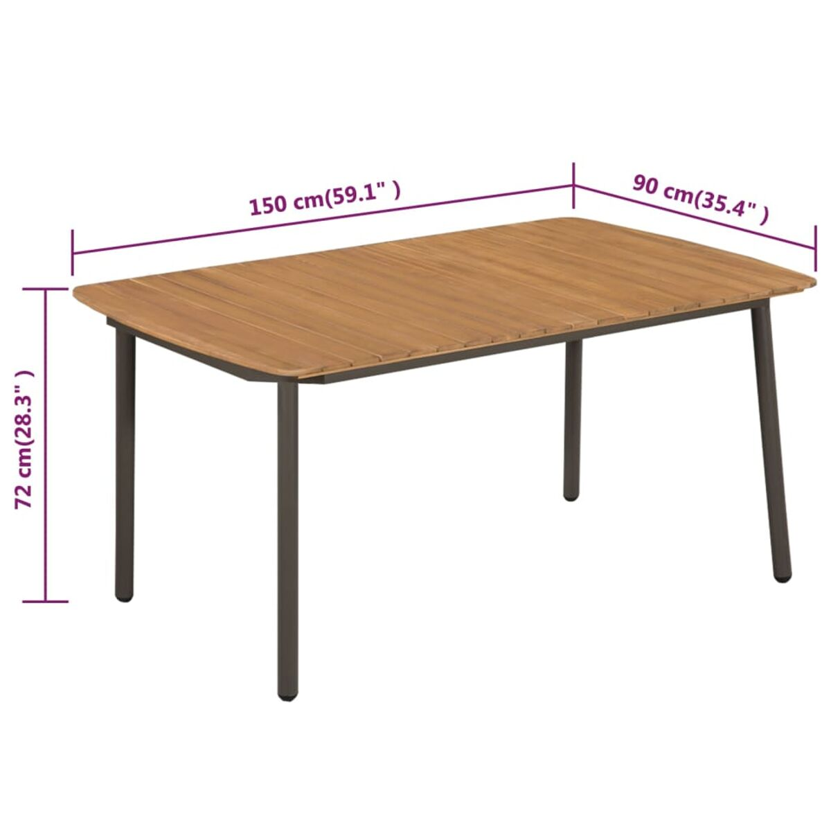 Holztisch mit brauner Platte und dunklen Beinen. Abmessungen sind angegeben. Weißer Hintergrund.