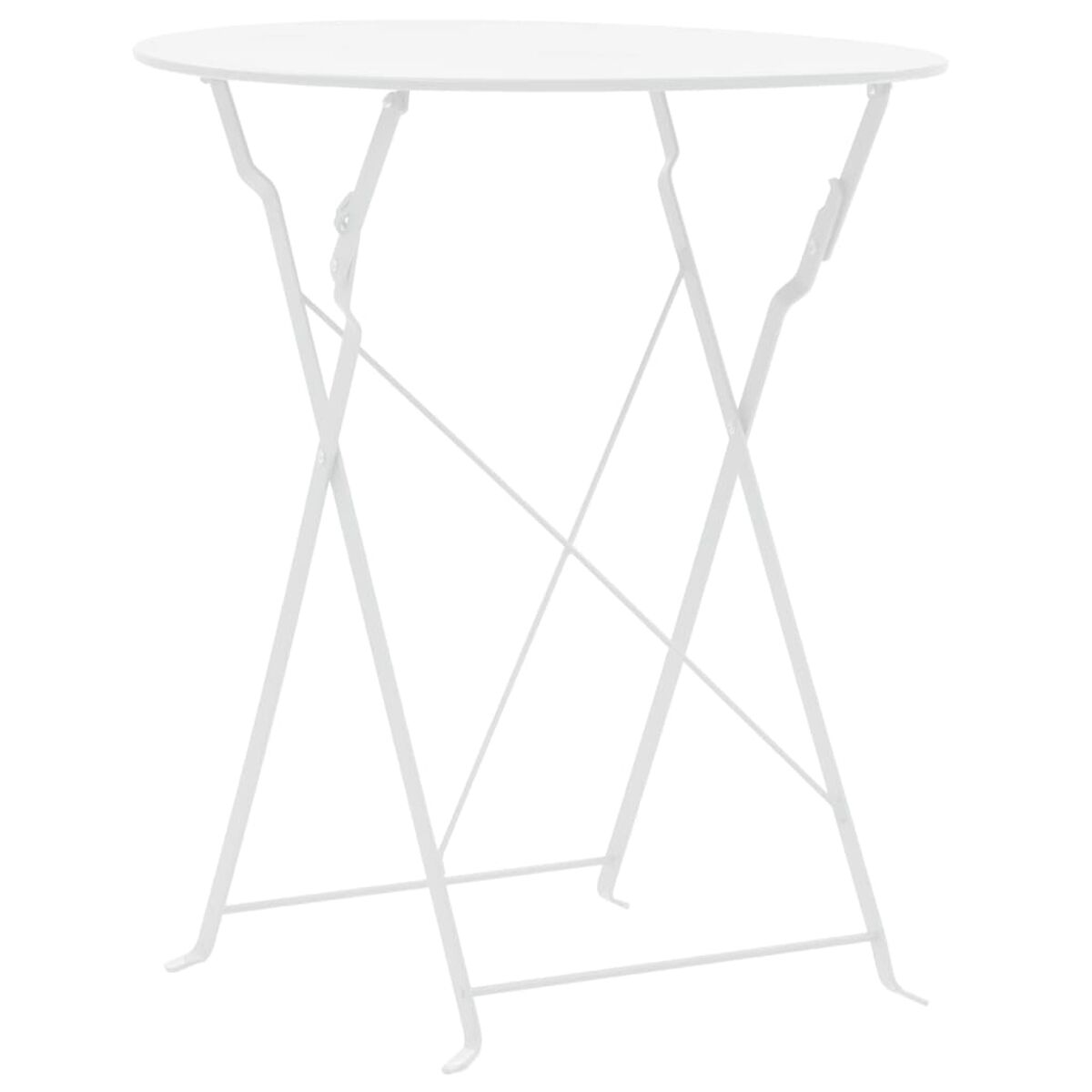 Ein weißer Metall-Klapptisch auf weißem Hintergrund.