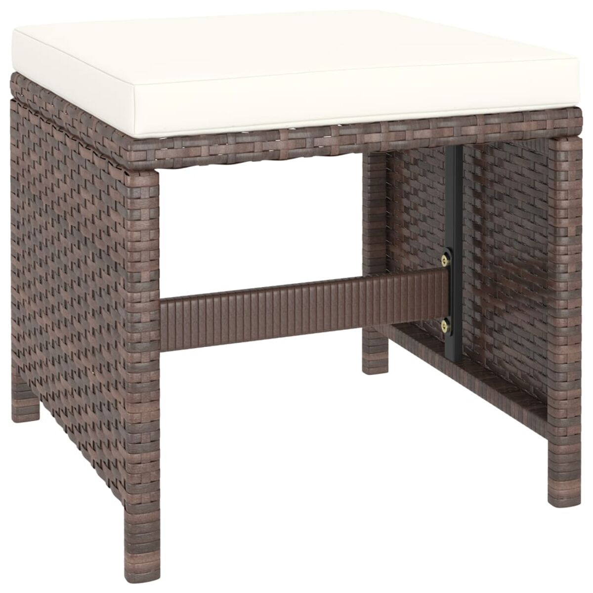Hocker im Korbstil mit einem weißen Kissen. Quadratische Form.