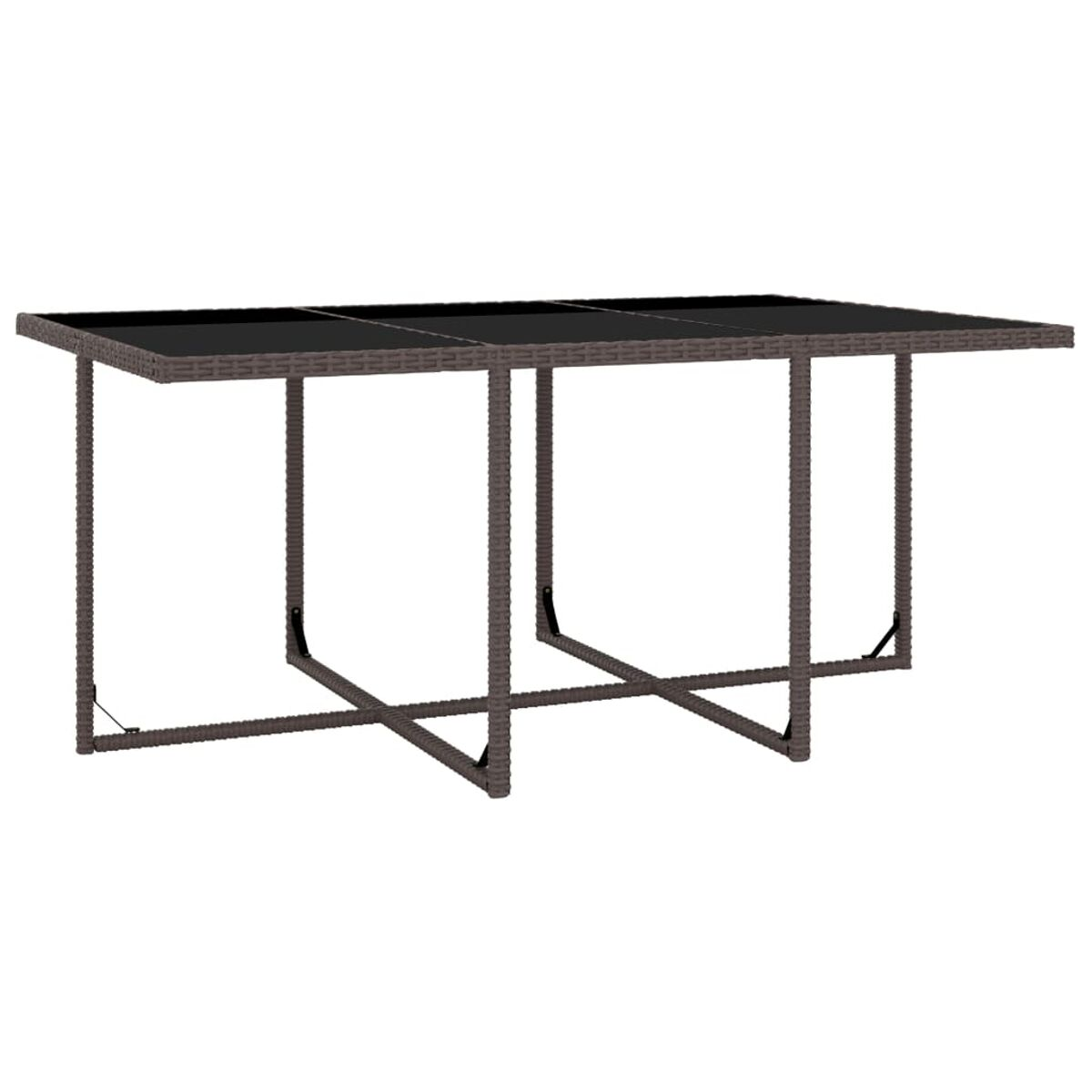 Ein brauner Tisch mit einer schwarzen Glasplatte. Der Tisch hat ein schlichtes, modernes Design.
