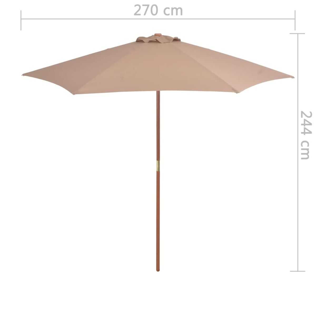 Beigefarbener Sonnenschirm, Holzstange, geöffnet. Markiert 270 cm breit, 244 cm hoch. Weißer Hintergrund.