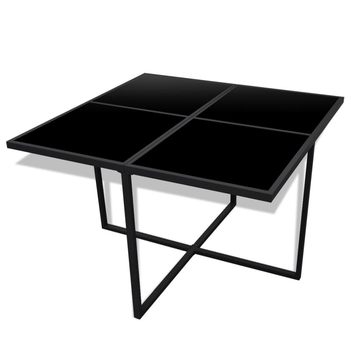 Schwarzer quadratischer Glastisch mit schwarzem Metallrahmen, weißer Hintergrund.