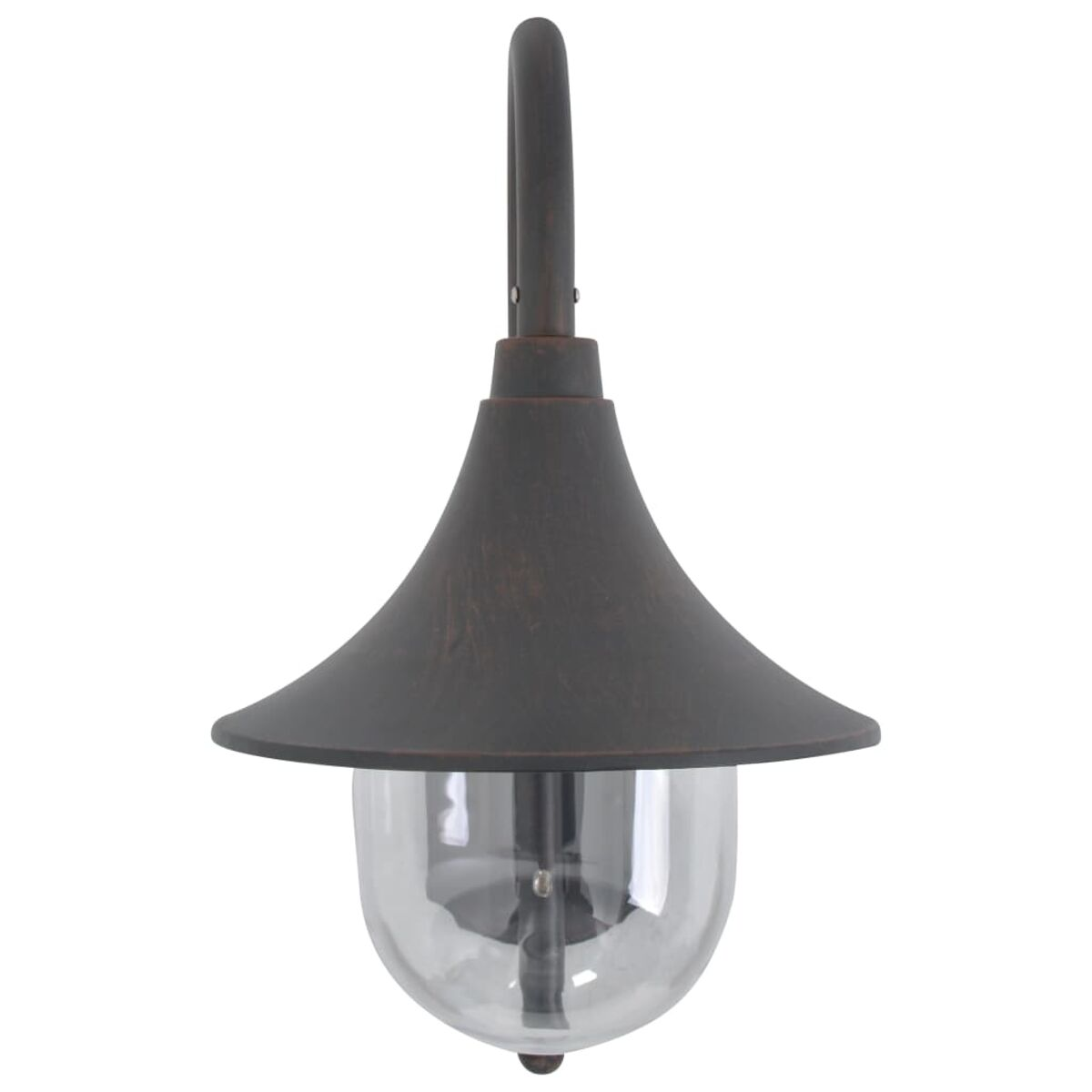 Außenlampe mit dunklem, glockenförmigem Schirm und klarer Glasabdeckung, an einem gebogenen Arm montiert.