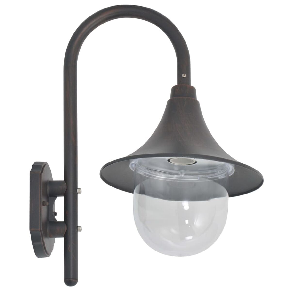 Bronze-farbene Außenwandleuchte mit gebogenem Arm und klarem, kugelförmigem Licht.