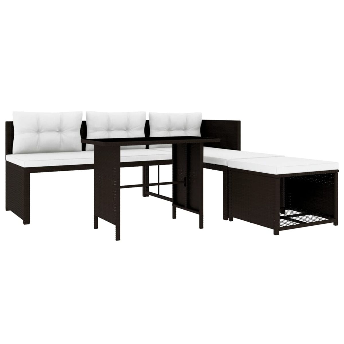 Geflochtenes Outdoor-Set mit Bank, Tisch und Ottomane. Weiße Kissen. Dunkelbraune Farbe.