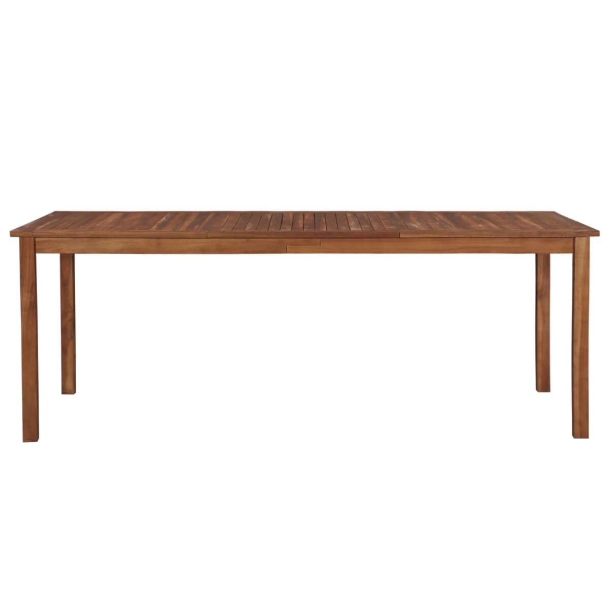 Ein langer Holztisch mit rechteckiger Platte und vier Beinen, von oben gesehen.