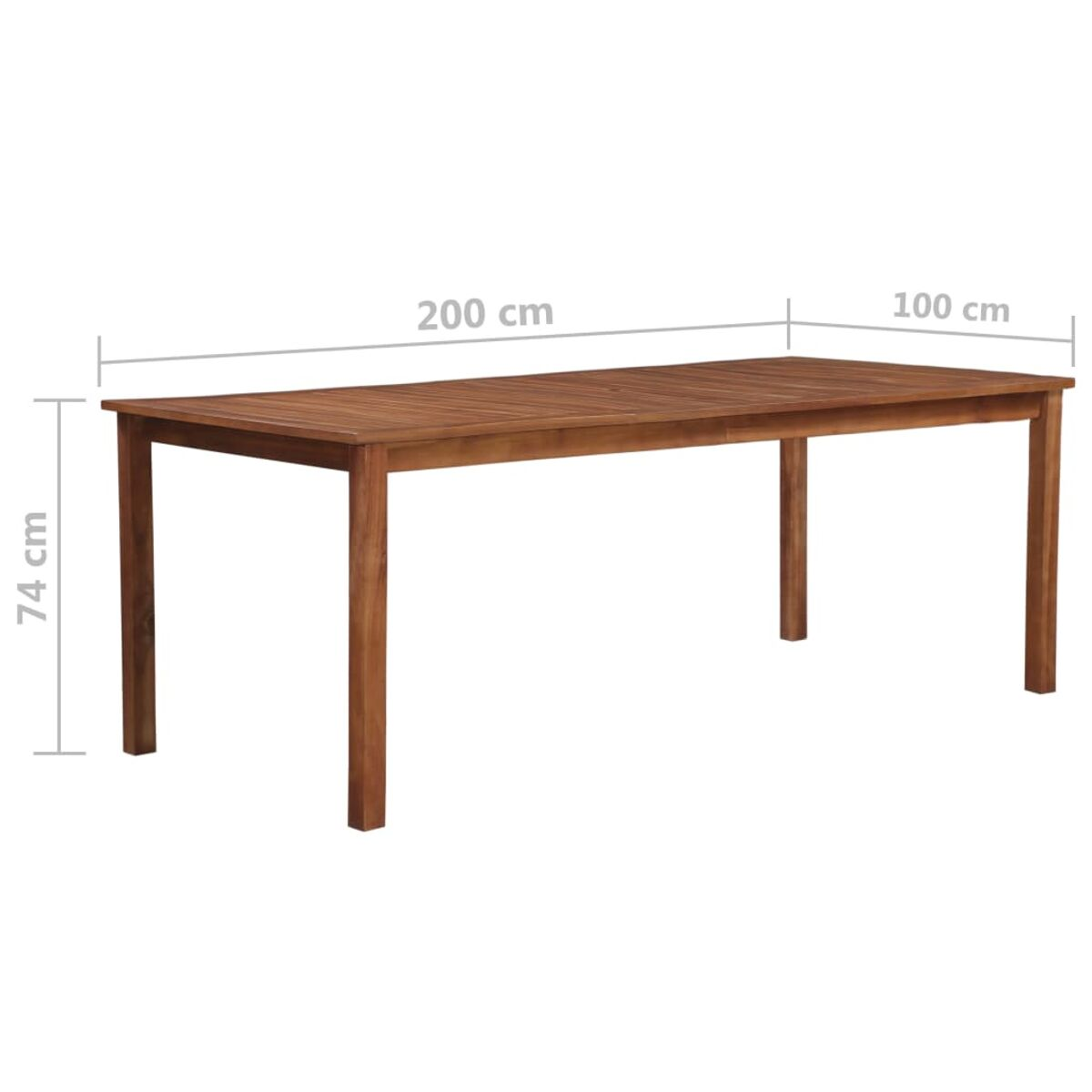 Rechteckiger Holztisch, braun, mit Maßangaben. Schlichtes, robustes Design.